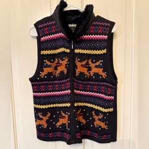 Studio 1980s Black Reindeer Knit Vest Faux Fur Collar